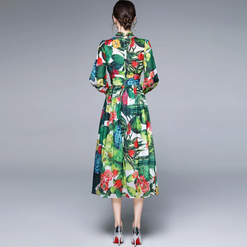 

2021 foreign trade French women's clothing spot long sleeve holiday style chiffon printing dress fashion in Europe and America