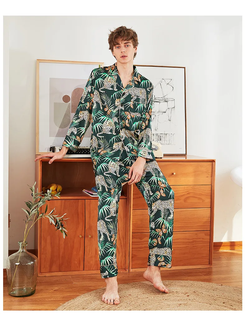 

Kwyaster Male Pajamas Set Casual Lounge Wear Satin Sleepwear Nightwear Home Clothes Print Animal Intimate Lingerie Pyjamas Men