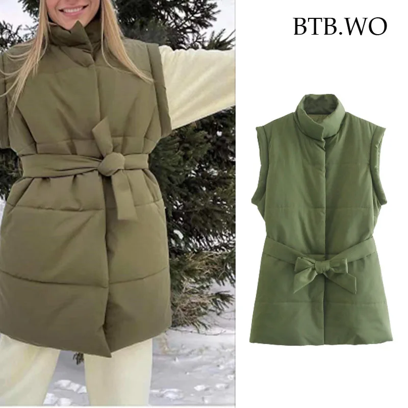 

BTB.WO Za Autumn Winter Vest Women Jacket 2021 Fashion Ladies Sleeveless With Belt Parka Vests Jacket Cotton Long Vest Coat