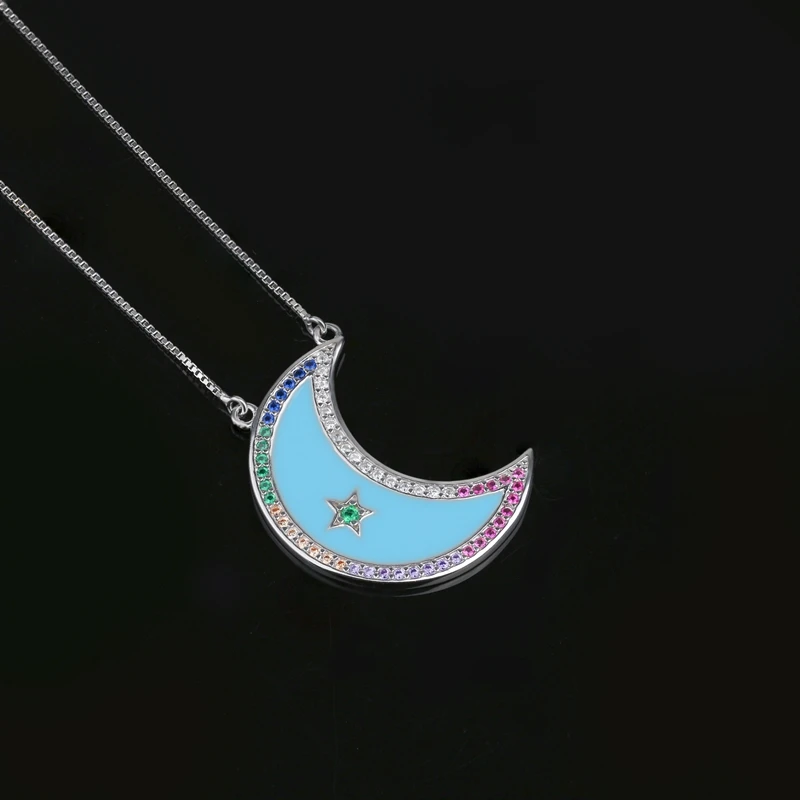 Newranos 925 Silver Necklace Enamel Crescent Moon Pendant Colorful Zirconias Statement Colar fr Women 's Jewelry NYX0031282 | Украшения