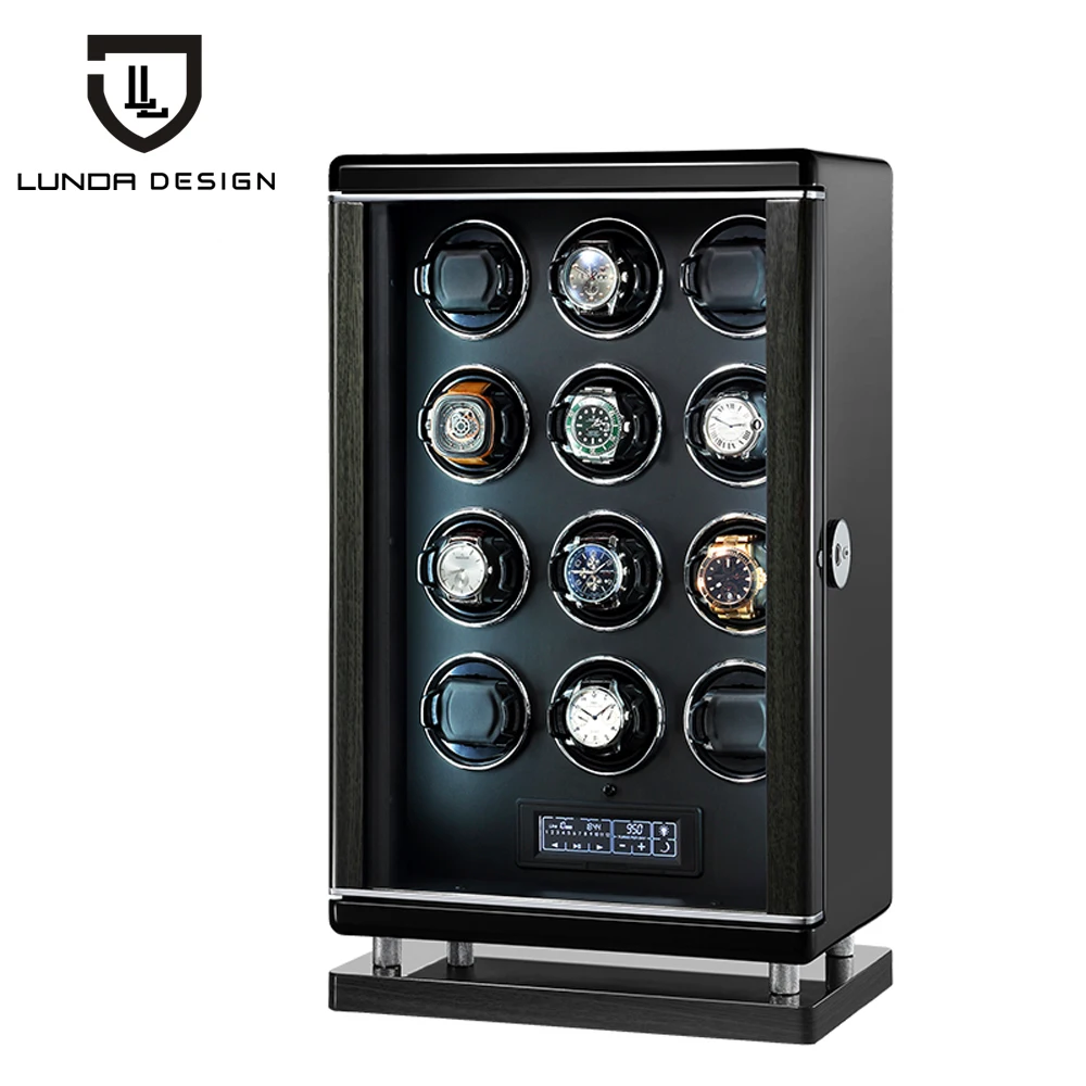

Watch Winders Wooden Acrylic Window Black Carbon Fiber Quiet Motor Storage Display Watches Box PU Leather LED Light 12 Slots