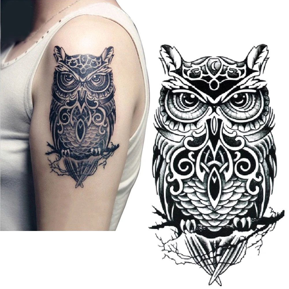 

Fake Tattoos Flash Waterproof Arm Shoulder Big Size Black Owl Water Transfer Temporary Tattoo Sticker for Men and Women