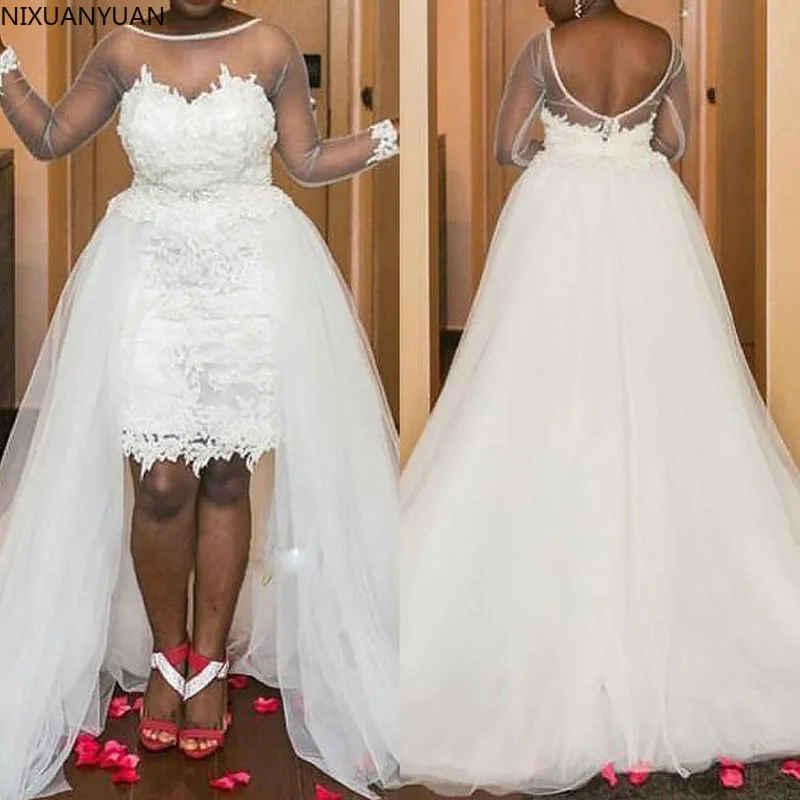 

2021 2 In 1 Wedding Dress 2021 Backless Lace Vestidos De Noiva African Short Dress with Detachable Train