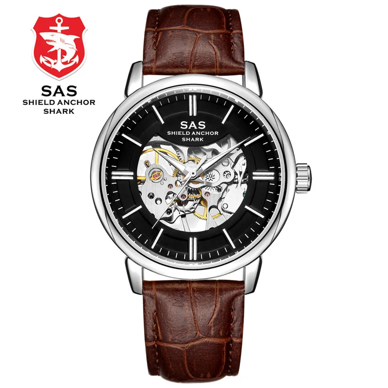 brown black Sas Shield Anchor Shark Лидирующий бренд Мужские часы Скелет механические часы кожаный ремешок Часы мужские Бизнес Мода erkek kol saati - Цвет: brown black