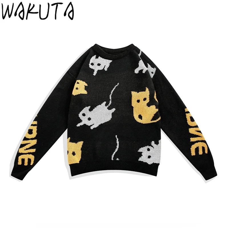 WAKUTA Japanese Vintage Cats Sweaters Harajuku Fashion Oversized Long Sleeve Yellow Black O Neck Pullover Chic Knit Cartoon Tops | Женская