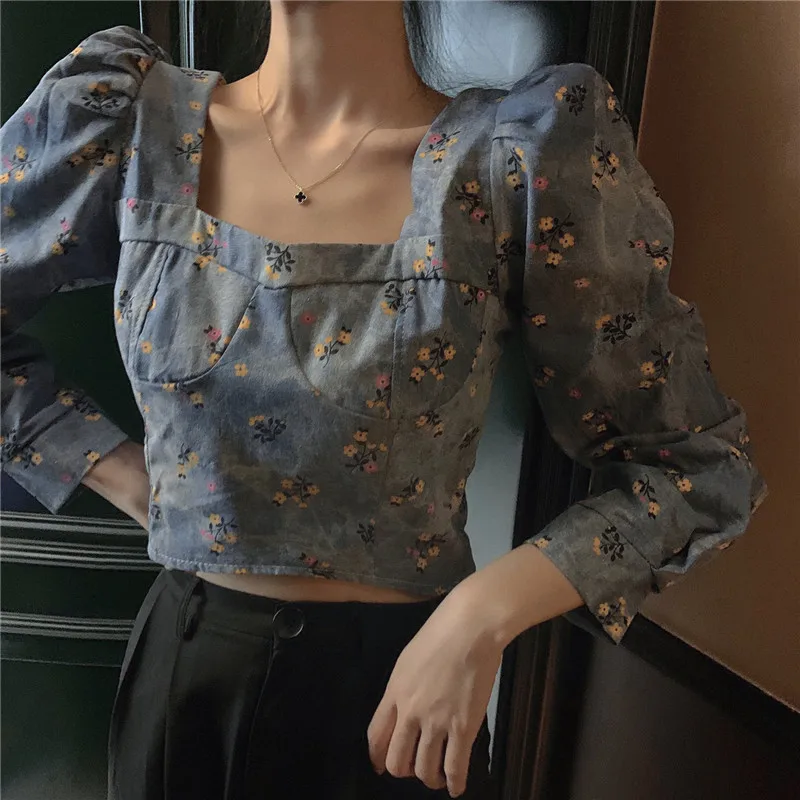 

Korejepo Women Shirt 2021 Autumn New French Retro Sweet Blue Floral Square Collar Short Top Female Puff Sleeve Denim Female Tops