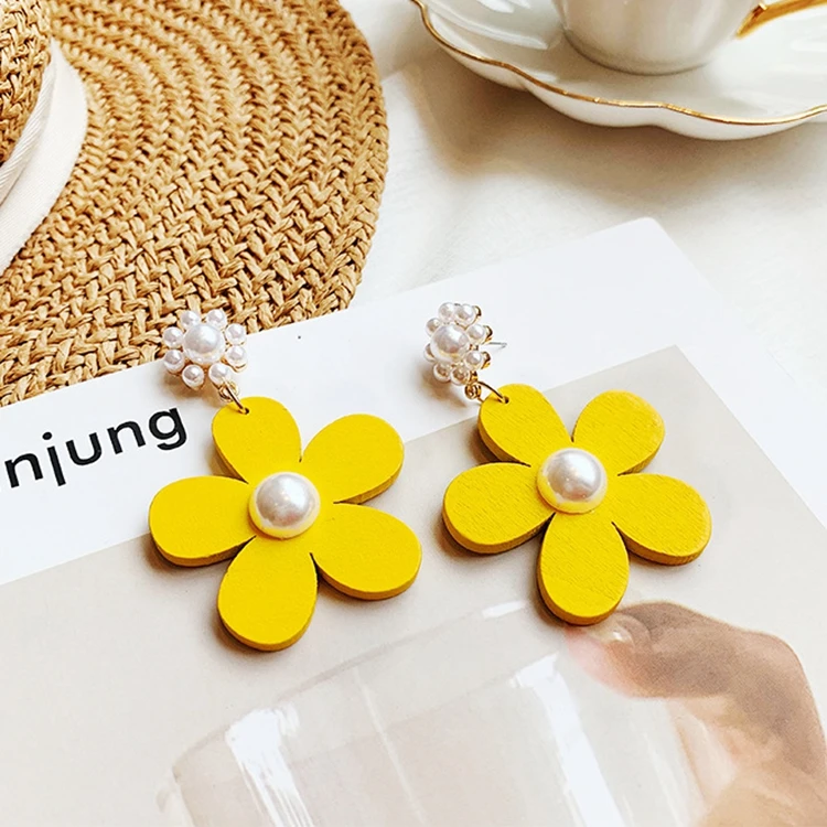 Новинка 2019 корейские деревянные серьги большие висячие жемчужные цветочные для