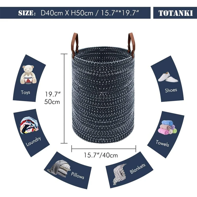 

Laundry Storage Basket,Collapsible Cotton Rope Woven Basket with Leather Handles for Storing Clothing, Diapers,Toys