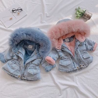 2019 winter baby girl denim jacket plus velvet real fur warm toddler girl outerwear coat 4 12 years kids infant girl parka