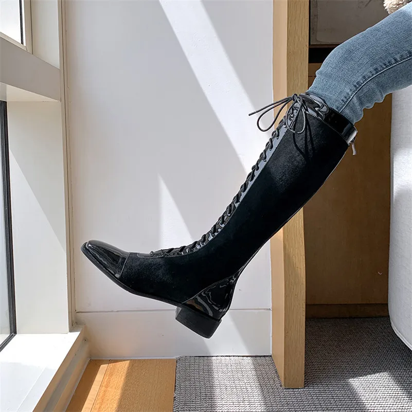 

Meotina Real Leather Mid Heel Motorcycle Boots Knee-High Boots Women Shoes Square Toe Thick Heels Zip Lace Up Long Boots Lady