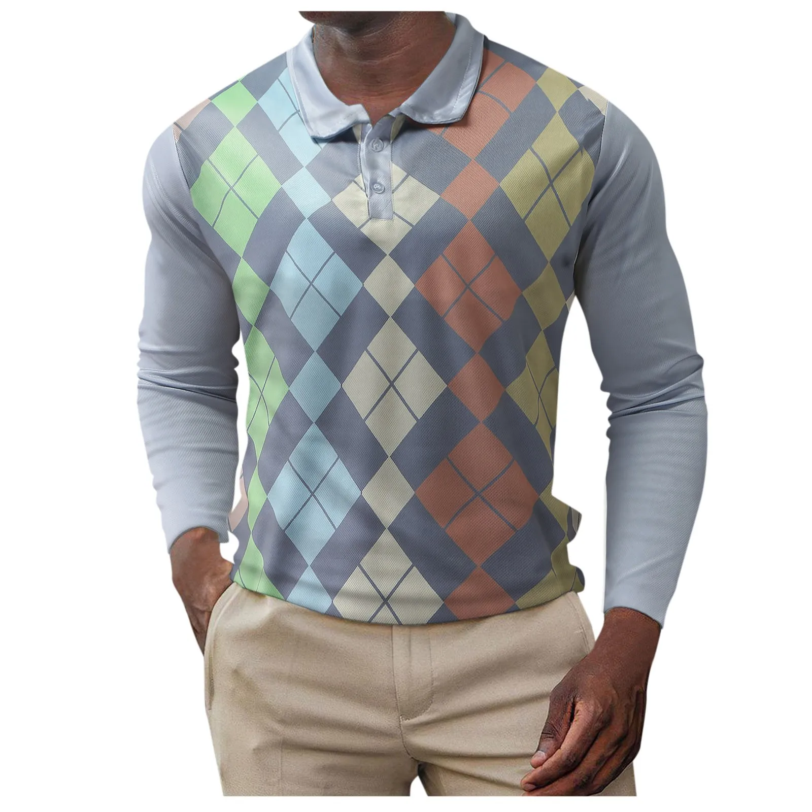 

Мужская рубашка-поло в клетку, с отложным воротником и длинными рукавами