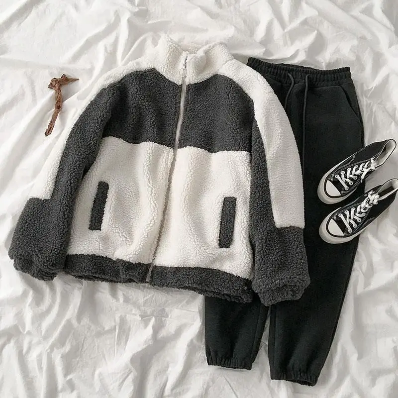 

Women's suit color matching zipper Korean lamb wool coat woolen trousers lovers warm two-piece suit Thicken Woman clothes