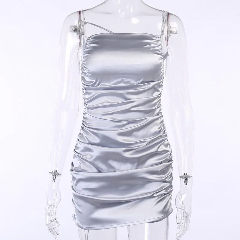 

Satin Silk Spaghetti Strap Party Dress Women Sexy Backless Bodycon Summer Dress Fashion Pleated Bandage Mini Dresses