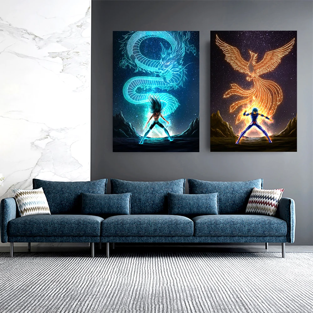 Anime Saint Seiya Poster Dragon power Andromeda Pegasus Neon Wall Art Home Decoration Kawaii Room Decor Canvas | Дом и сад
