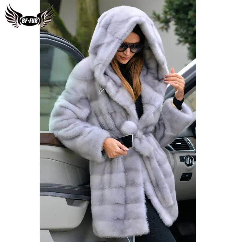 Women Winter Fashion Natural Mink Fur Coat With Hood Thick Warm Pelt Real Mink Fur Jacket With Belt Luxury Fur Coats Outwear