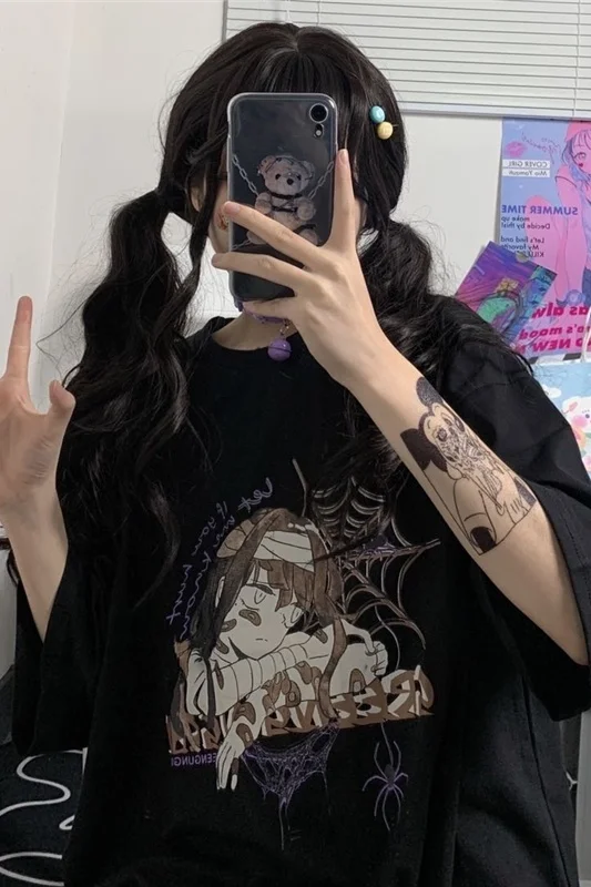 

Black Short Sleeve T-shirt Women's 2021 Summer New Cartoon Girl Print Gothic Punk Harajuku Style Versatile Loose Top