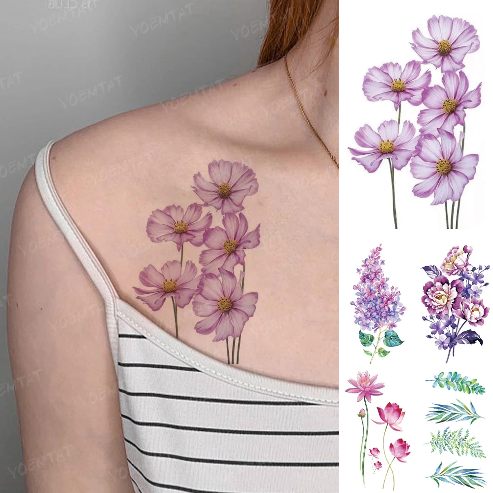 

3D Waterproof Temporary Tattoo Sticker Daisy Lavender Peony Realistic Color Flower Flash Tatoo Woman Arm Body Art Fake Tatto Man