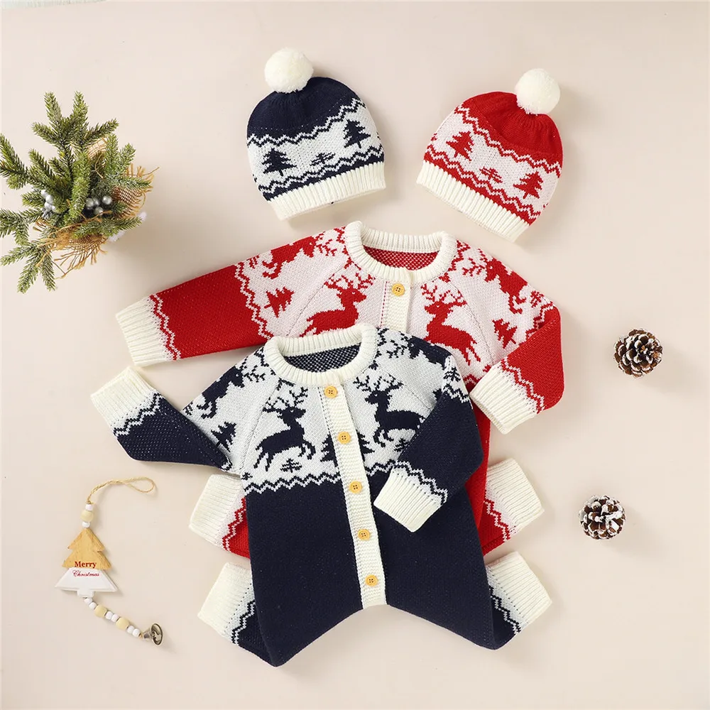 

Baby Boy Girl Christmas Reindeer Romper Hat Cap Fall Winter Warm Sweater Romper 0-18M Newborn Toddler Festival Holiday Jumpsuits