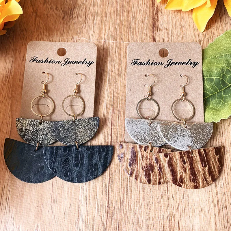 

Semicircle Geometric Brown Embossed Genuine Leather Dangle Drop Earrings for Women Trio Drops Jewelry Trendy Fashion Design