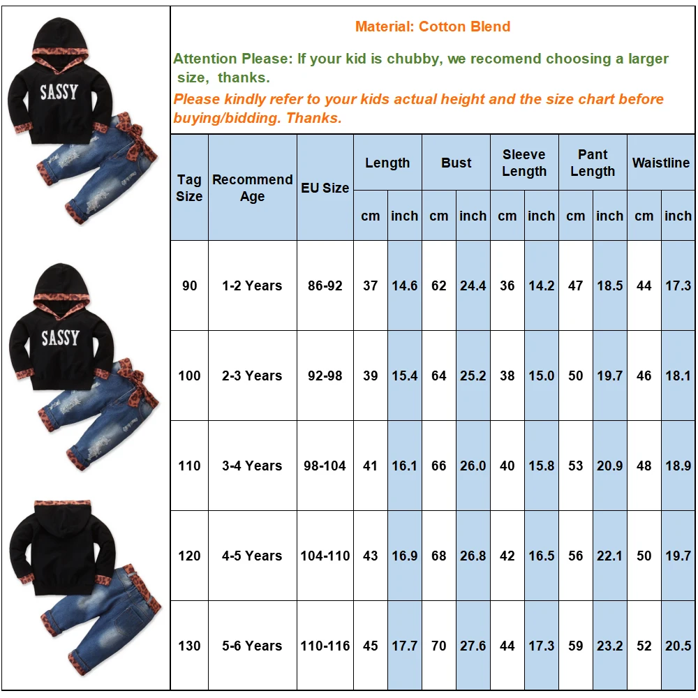 2019 2PCS Outfit Children Suit Fashion Toddler Kids Girls Clothing Set Hooded Sweatshirts Tops+Jean Denim Pant Leopard Decor D20 | Детская