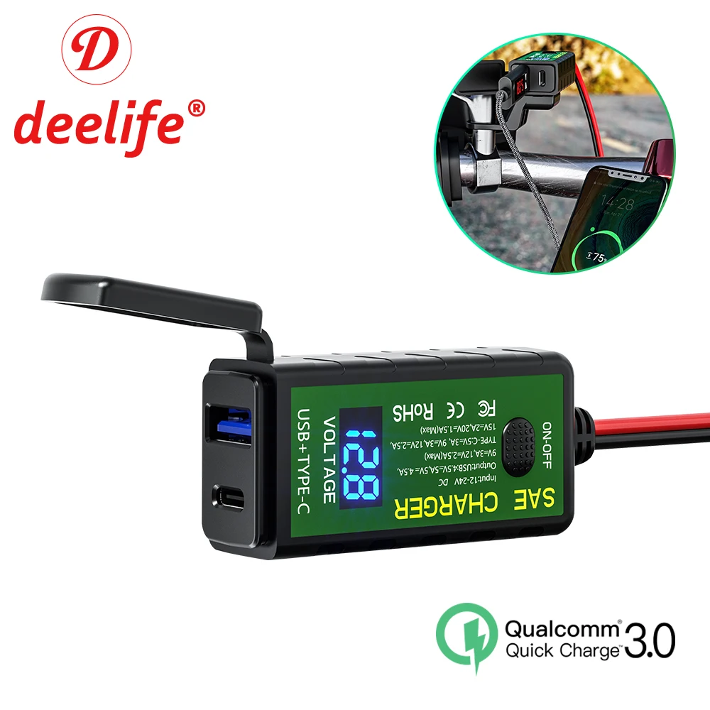 

Deelife Motorbike Motorcycle USB Charger for Moto Motor with Voltmeter Sae Socket Waterproof Type C Port USB PD Charging