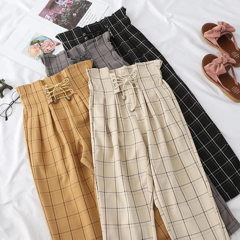2020 Fashion Women Lace Up High Waist Ankle Length Loose Plaid Harem Pants Bandages Tie Ruffle Japanese Harajuku Casual
