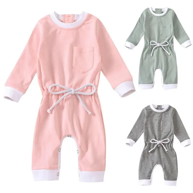 

Newborn Baby Boys Girls Drawstring Belt Romper Solid Color Long Sleeve Kawaii O-Neck Casual Baggy Comfy Jumpsuit One Pieces Suit