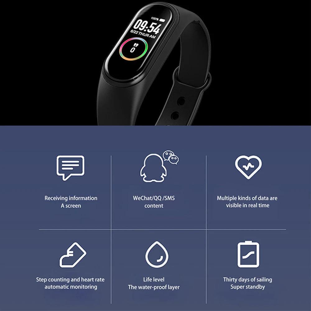 

M4A Smart Watch Bluetooth Sleep Tracker Blood Pressure Monitoring Heart Rate Fitness Tracker Bracelet Sports Smart Watch