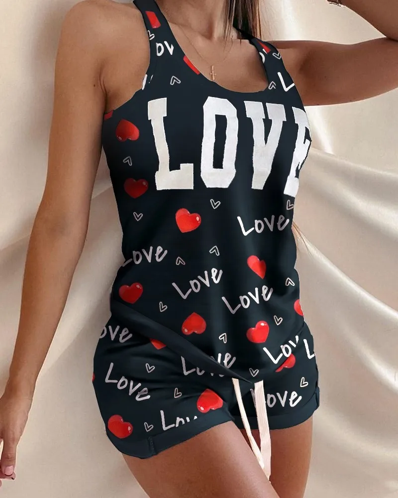 

Kawaii Pajama Set Women Sleeveless Tops and Drawstring Waist Shorts Sets Sexy Pjm Homewear Casual Lounge Wear Suits Plus Size