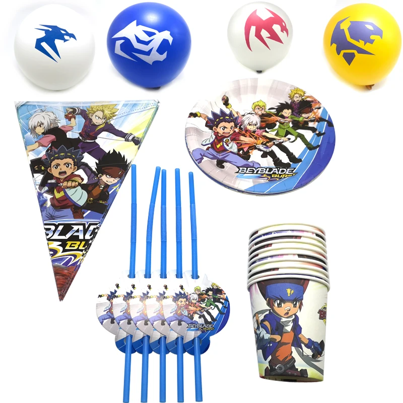 

100pcs/lot Beyblade Burst Theme Balloons Plates Straws Baby Shower Flags Cups Birthday Party Decorate Kids Favors Hanging Banner