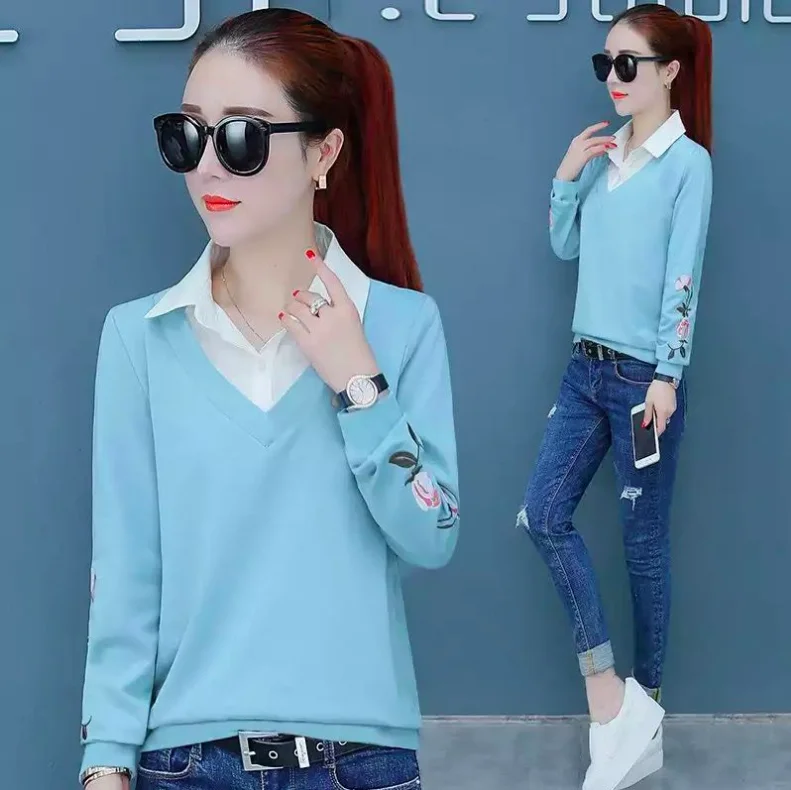 

Женский топ с вышивкой, демисезонный Топ с длинным рукавом, блузка-Толстовка на пуговицах, имитация двух предметов, 2020