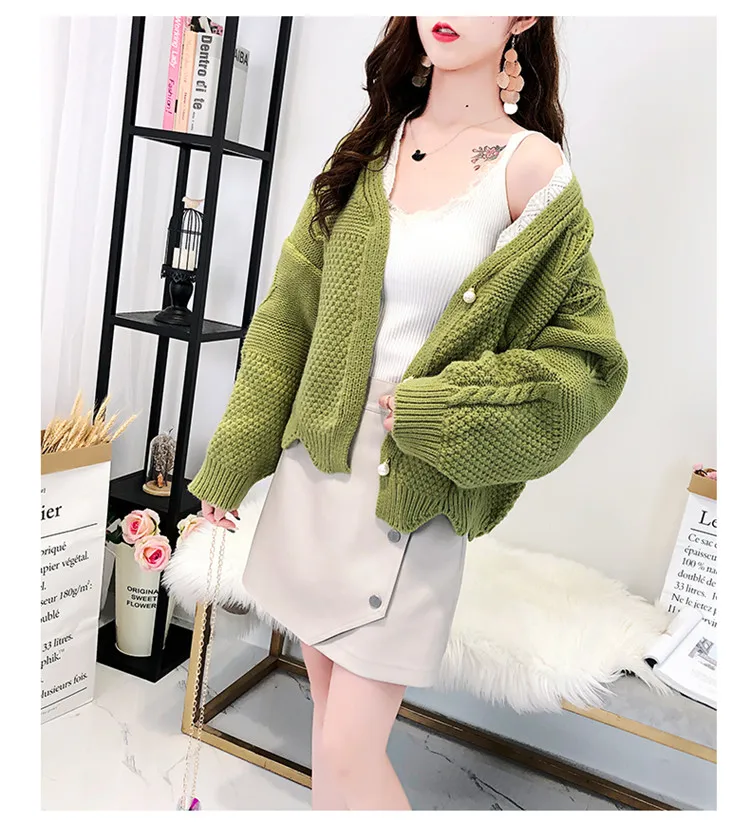 

SALEQI Women Short Fall Sweater and Cardigans Pearls Beading Oversized Knit Jumpers Green Outwear Knit Top Winter Ctop Jacket