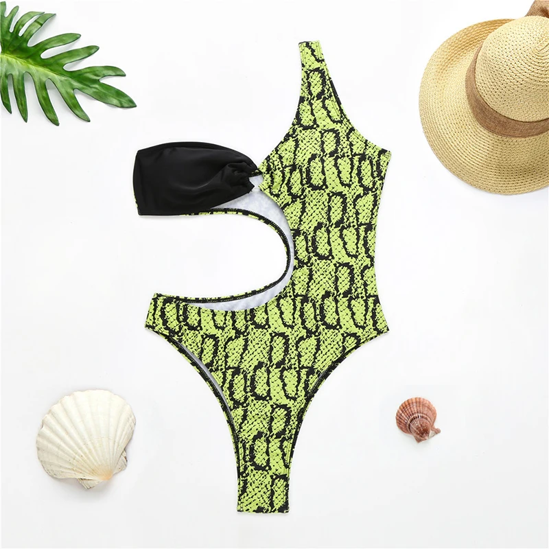 Женский цельный купальник со змеиным принтом купальный костюм с одним плечом