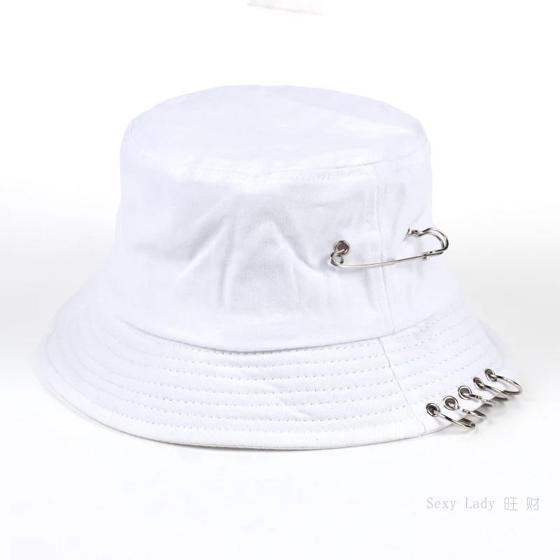 

Solid Color iron pin rings personality Bucket Hat cap for unisex women men cotton fishermen caps factory sells directly