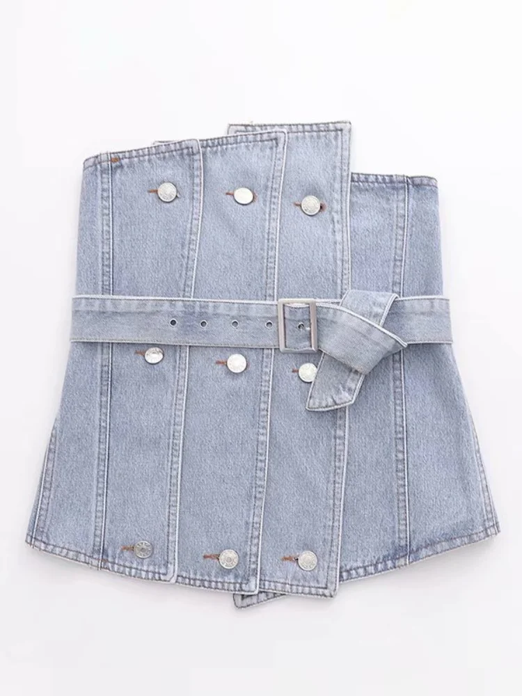 

Sexy Denim Patchwork Pleated Tube Tops Strapless Top Buttons with Waist Belt Bustier Top
