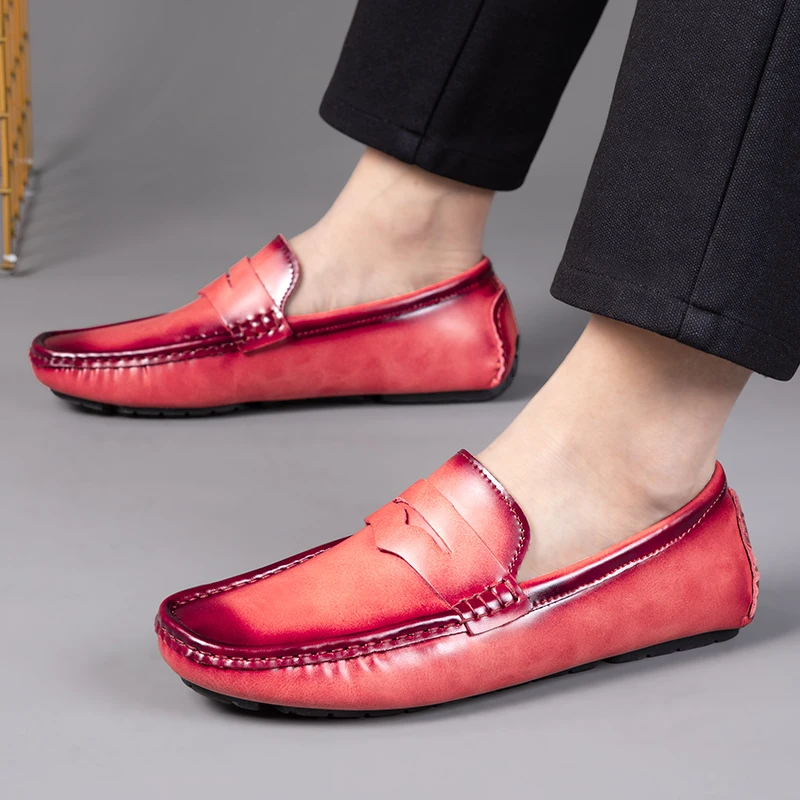 

Men's Red Penny Loafers College Style Leather Casual Shoes Flat Designer Shoes Daily Retro All-round Business Footwear for Male
