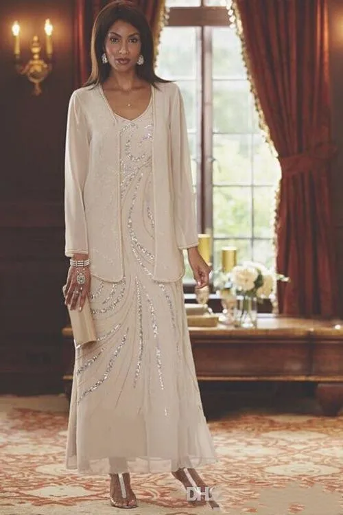 

Elegant Ankle Length Mother Of The Bride Dress With Jacket Sequin Bead Plus Size For Wedding Party robe de soirée de mariage