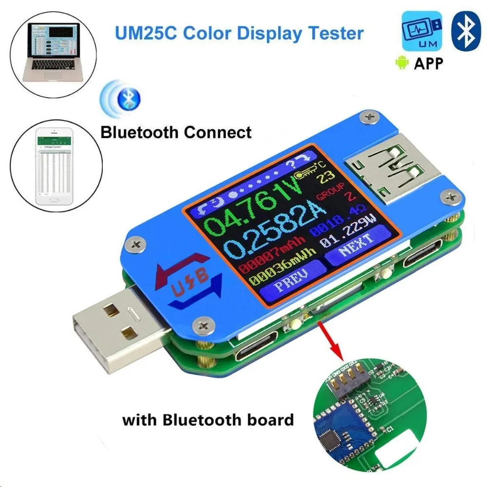 

USB 2.0 Type-C LCD Voltmeter Ammeter Voltage UM25 UM25C for APP Current Meter Battery Charge Measure Cable Resistance Tester