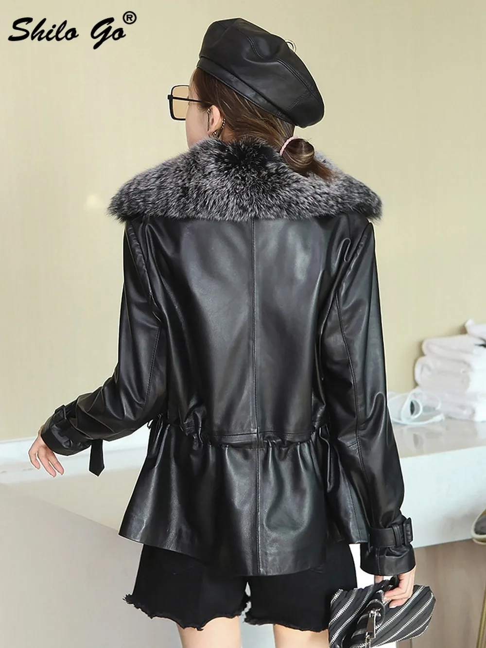 

Streetwear Real Fox Fur Notched Neck Double Breasted Dreawstring Wasit Trench Women Elegant Sheepskin Genuine Leather Jacket