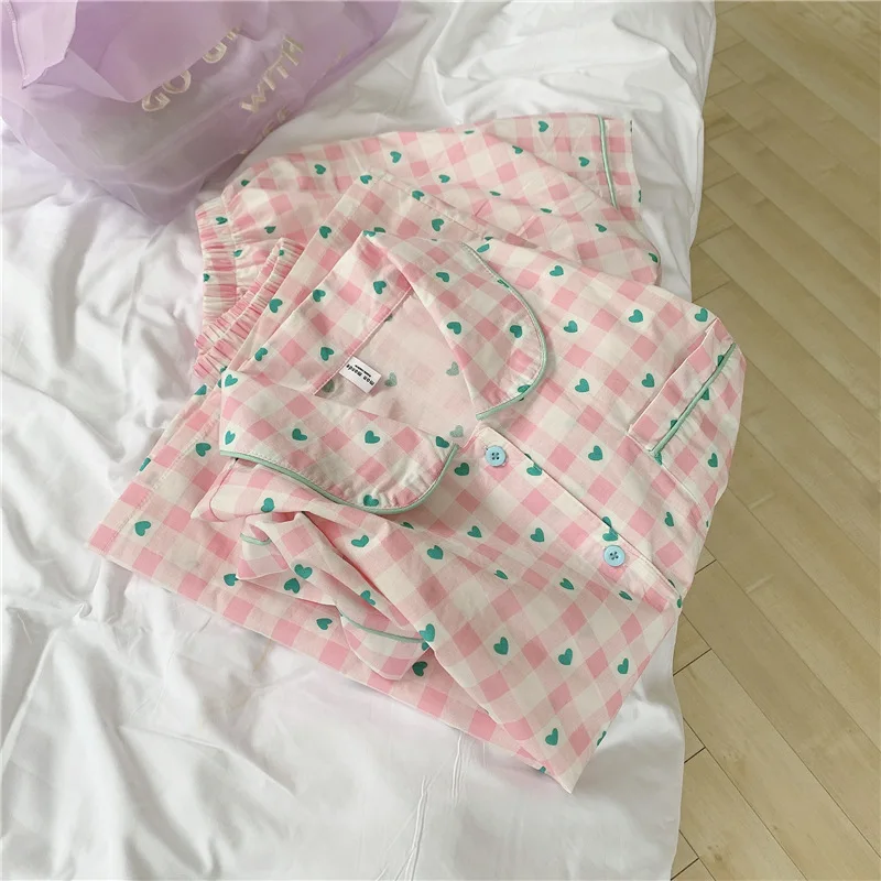 

Marple new summer love heart plaid cotton sleepwear women pajama set home clothes short sleeve single breasted tops shorts suit