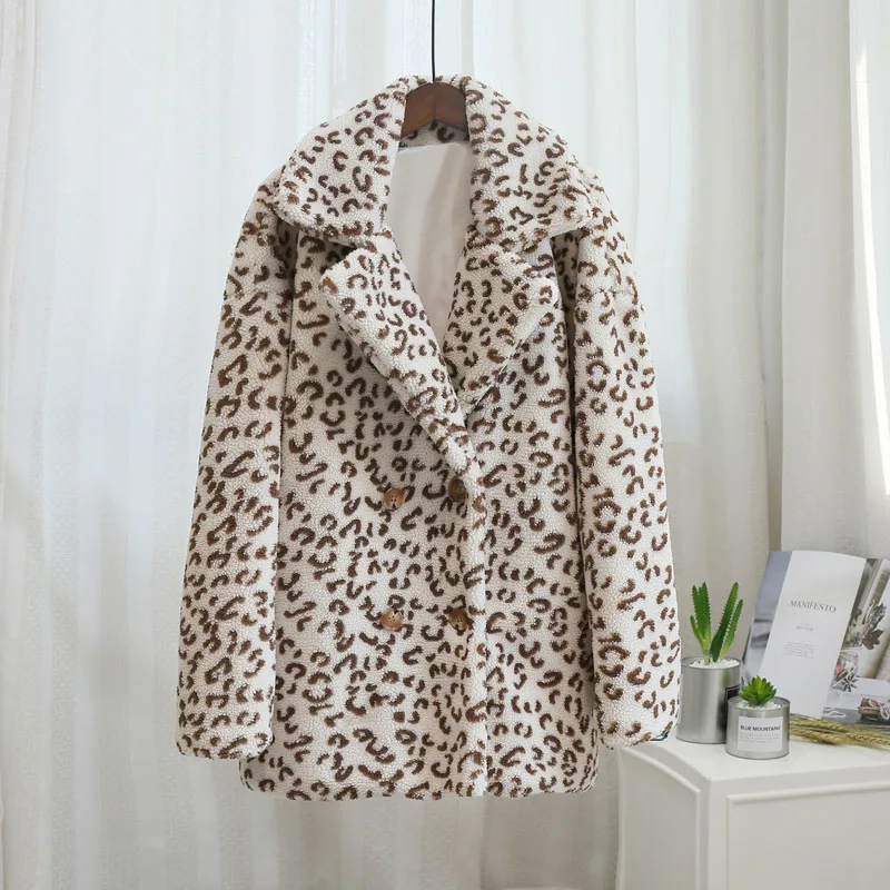 white leopard Негабаритный верблюжий искусственный мех плюшевый медведь куртка пальто для женщин Зимняя мода уличный стиль теплое пальто Верхняя одежда Пальто из овечьей шерсти - Цвет: white leopard