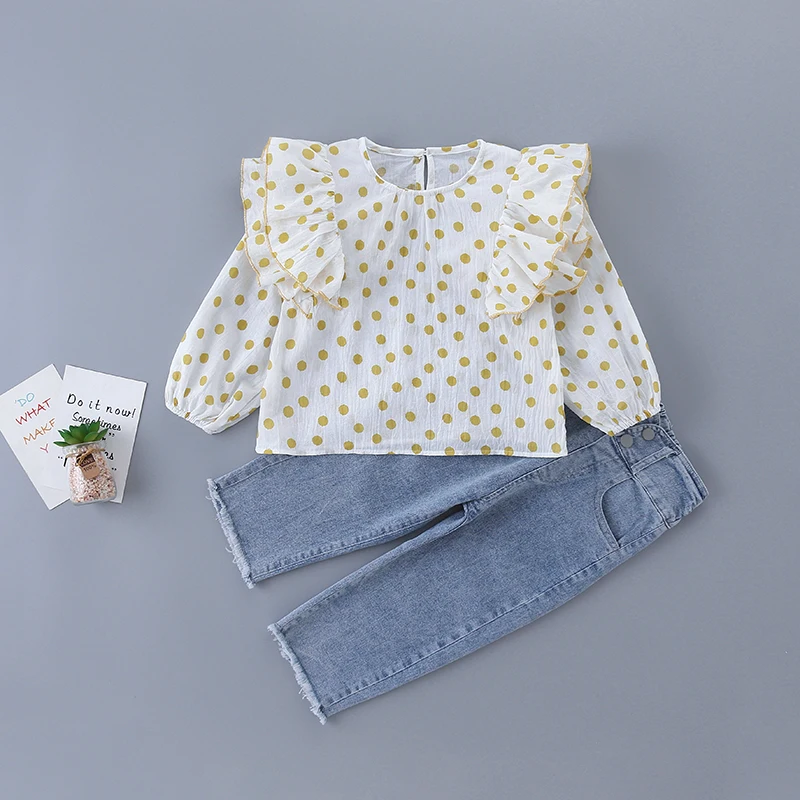 

ZWF325 high quality girl clothing set 2020 new autumn fashion tiered ruched solid shirt + denim pant kid children clothing 2-10Y