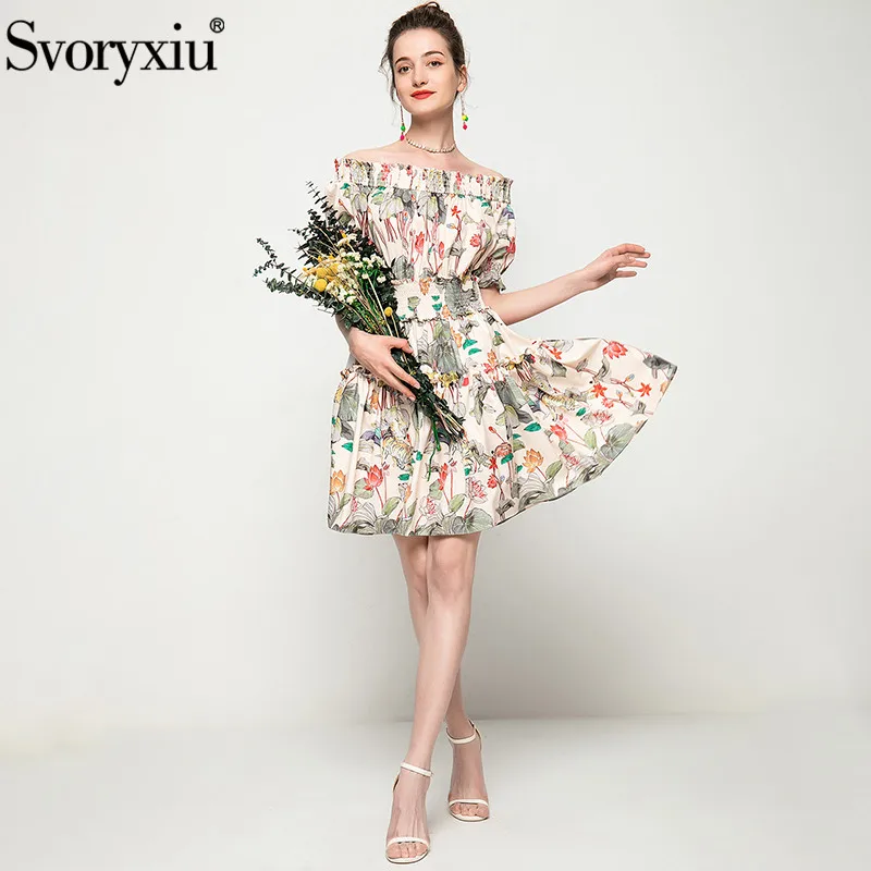 

Svoryxiu 2021 Runway Sexy Summer Off Shoulder mini Dress Women's Fashion Short Sleeve Elastic Waist Flower Print Dresses