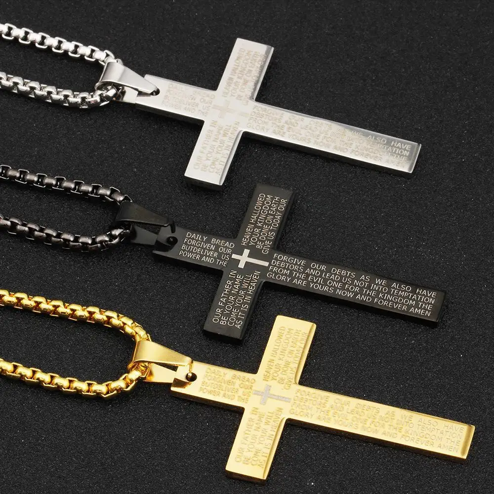 

Retro Christian Jesus Single Titanium Scripture Cross Necklace Stainless Steel Black Prayer Choker Cross Pendants For Men Colar