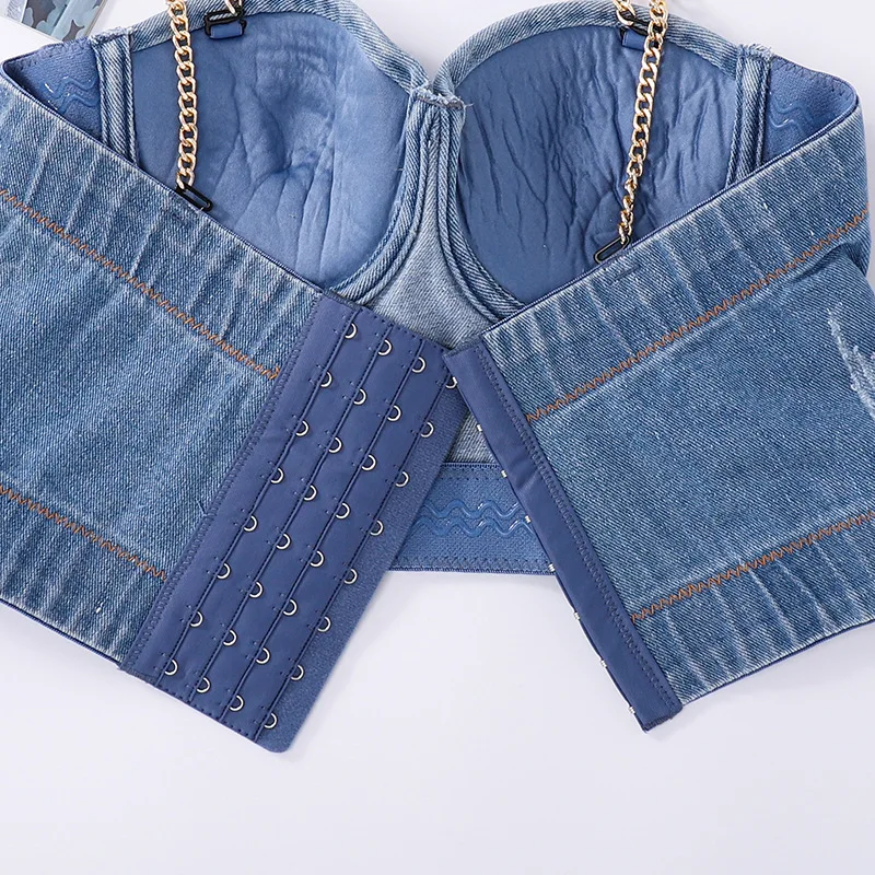 

NEW NEW Women Camisole Top Detachable Gold Chain Shoulder Strap Denim Crop Top Bustier Bra Night Club Party Tank Tops