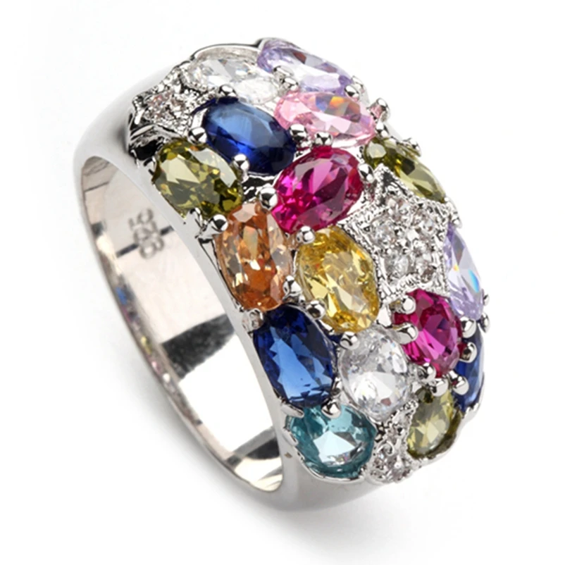 

SHUNXUNZE Big Wedding Rings Jewelery For Women Pink Red Peridot Morganite Blue Yellow Purple Cubic Zirconia Rhodium Plated R373