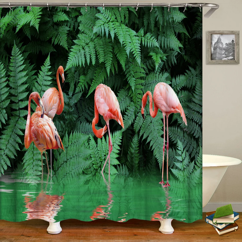 

Flamingo Shower Curtains Pink Birds Bathroom Curtains 3d Printed Decoration Waterproof Cloth With Hooks Bath Curtain