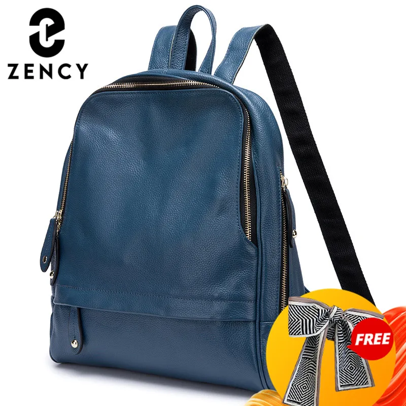 Модный синий женский рюкзак Zency из 100% натуральной кожи вместительный праздничный