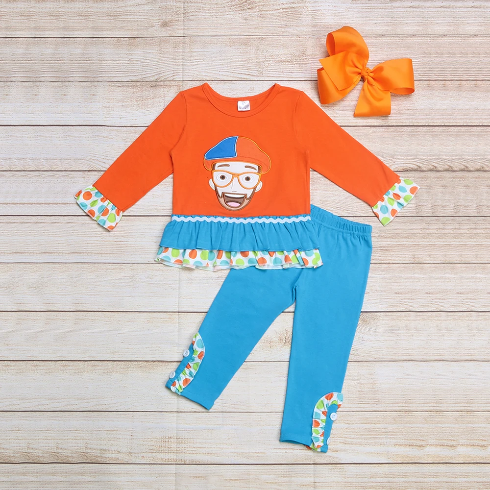 

Girls Police Uncle Series Suit Baby Orange Floral Long Sleeve Top + Blue Floral Legging Sports Pants For 1-7 Years