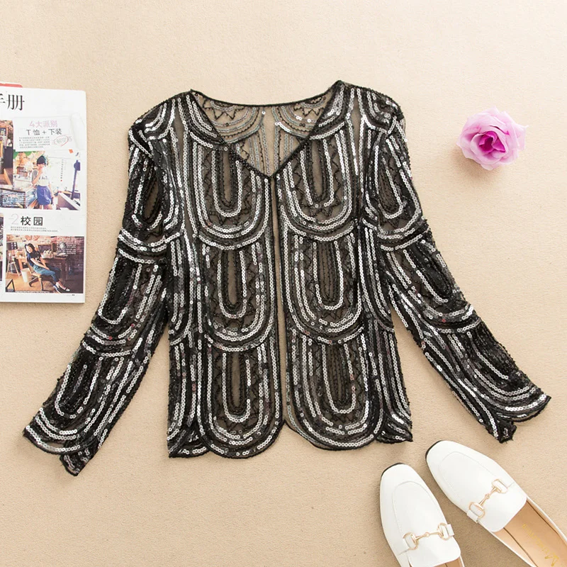 

Fashion Sequins Coat Cardigan Women's Jacket Ultra-thin Cutout Embroidery Jackets Tops Summer Sun Protection Clothing FemaleK198